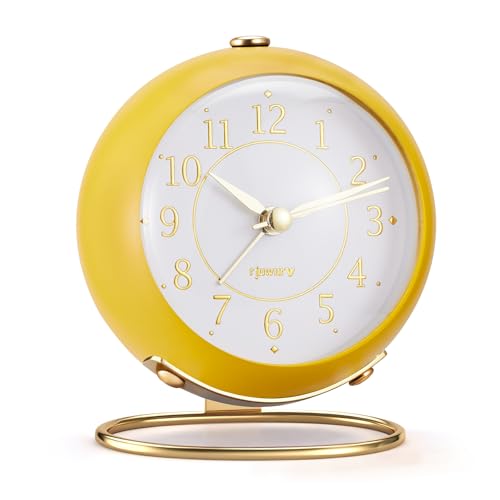 Metal Desk Alarm Clock, Retro Bedroom Table Vintage Analog Silent Non-Ticking Gold Alarm Clock, Bedside Decor(Mango Yellow)
