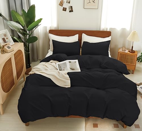 SDAPNAY Black Cotton Duvet Cover Queen Set 3 Pieces, 1 Duvet Cover 90x90 (Comforter Not Included) and 2 Pillowcases,4 Ties and Zip Closure, Soft and Breathable, Black,Queen