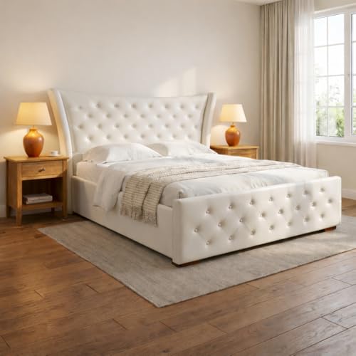Image of Pearl Upholstered King Size Bed with Box Storage for Bedroom | Elegant Wooden Double Bed with Storage | Platform Cot Palang with Tufted Headboard | 6.5 x 6 Ft | Sheesham Wood | White