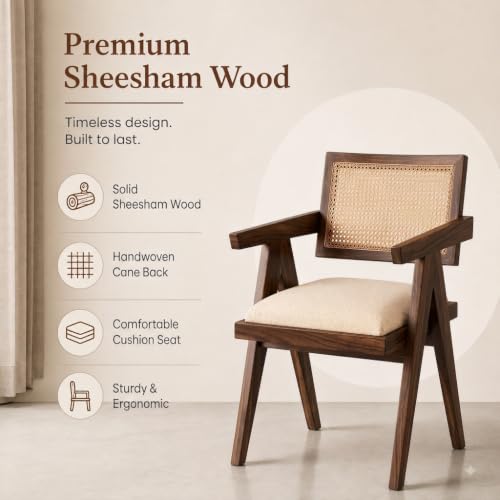 Image of Furniture Solid Sheesham Wood Upholstered Armchair with Cushion and Cane Back Support | Wooden Lounge Chair for Living Room, Bedroom and Balcony (Walnut Finish)