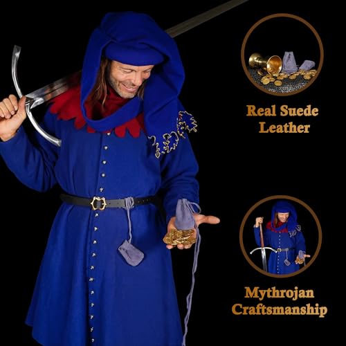 Image of Mythrojan Small Trinket Pouches Suede Leather Drawstring Coin & Dice Bags for LARP, SCA, Viking & Medieval Events (4, Dark Blue, Large : 4 inch X 2.9 inch X 2.6 inch)