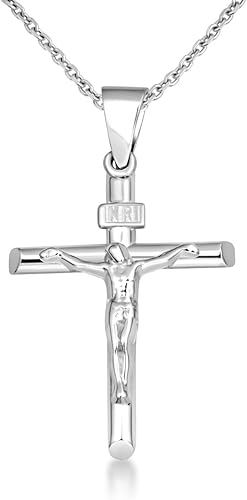 .925 Sterling Silver 1.17 INRI Crucifix Jesus Christ on the Holy Cross Pendant Necklace, Choice of Length