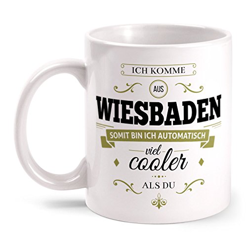 Fashionalarm Taza con texto en alemán "Ich komme aus Wiesbaden - beidseitig bedruckt mit coolem Spruch | Geschenk Idee für Wiesbadener Männer & Frauen, Farbe:weiß