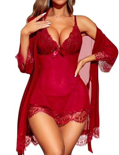 RSLOVE Women Sexy Lingerie Set 3 Piece Babydoll & Lace Kimono Robe Strap Chemise Mesh Nightgown Wine Red M