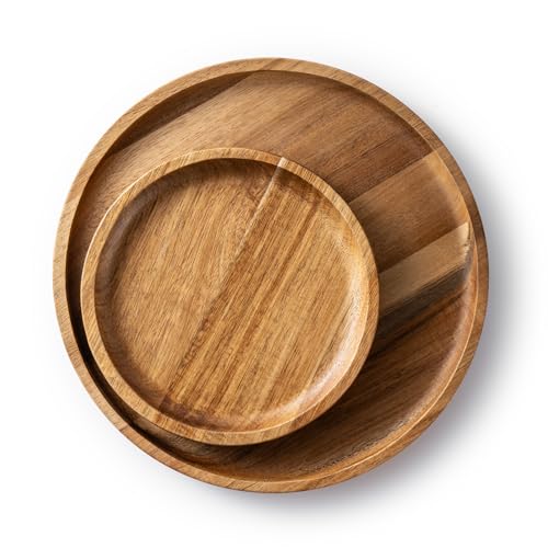 Holztablett Rund,Servierplatte,2er Set,Serviertablett Holz Tablett Schlemmerplatte, Küchentablett Servierplatte Frühstückstablett für Buffets, Picknicks,Couchtisch, Küchen Deko Bett Käse, Party Runden