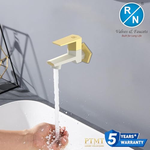 Image of RN PTMT Bib Cock for Bathroom | 15mm Foam Flow Water Tap with Flange | Luxury G20 Series Faucet | High-Grade Engineering Polymer Tap (Ivory Bright Gold Dual, Pack of 2)