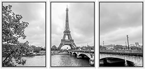 wall26 - 3 Piece Framed Canvas Wall Art - Paris Eiffel Tower from Seine. Cityscape in Black and White - Modern Home Art Stretched and Framed Ready to Hang - 16"x24"x3 White