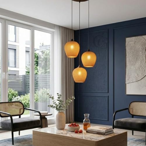 Image of Boho Set of 3-Heads of Tapered Drum Pendant Lights|Wooden Woven Cluster Hanging Lamp for Dining Table, Cafe & Living Room Decor