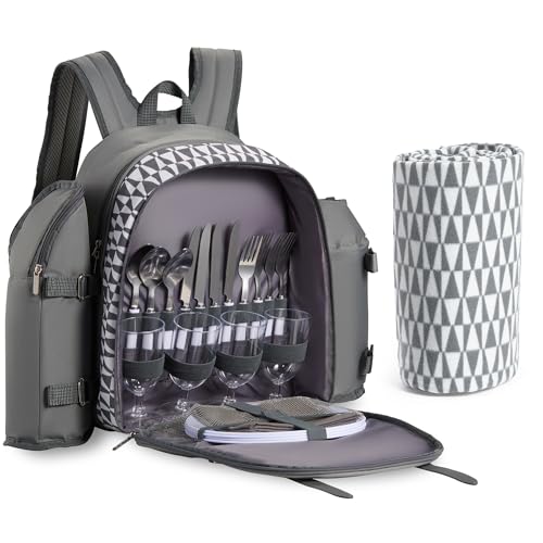 VonShef Picnic Backpack 4 Person Grey Picnic Bag with Full Dining & Cutlery Set Insulated Cooler Compartment & Large Waterproof Picnic Blanket Lightweight Water Resistant Camping Accessories