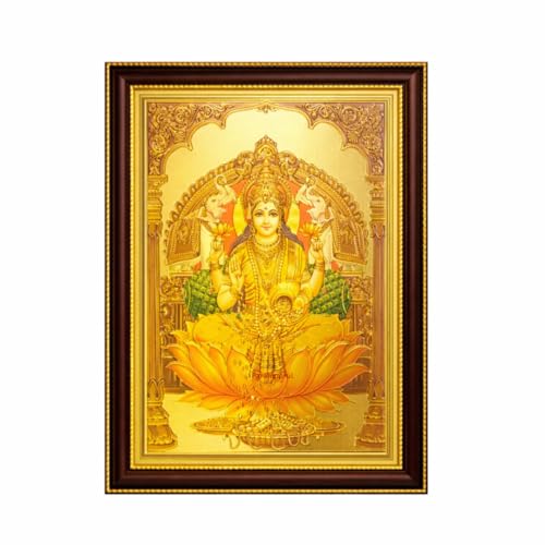 Image of Paramporul Gallery Lakshmi in Yellow Saree Auspicious Gold Foil Photo Frame for Pooja Room, Hindu God Wall Decor, Ready to Hang, 10x14 Inch
