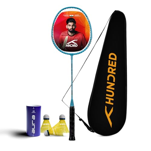 Hundred Powertek 200 Aluminium Badminton Racket with Full Cover & 3 Aura Nylon Shuttlecocks, Lightweight Shuttle Bat for Match Play