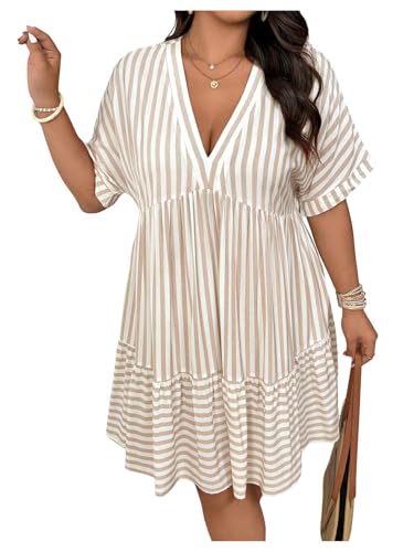 WDIRARA Women's Plus Size Striped V Neck Tshirts Dress Summer Ruffle Hem Flowy A Line Short Dresses