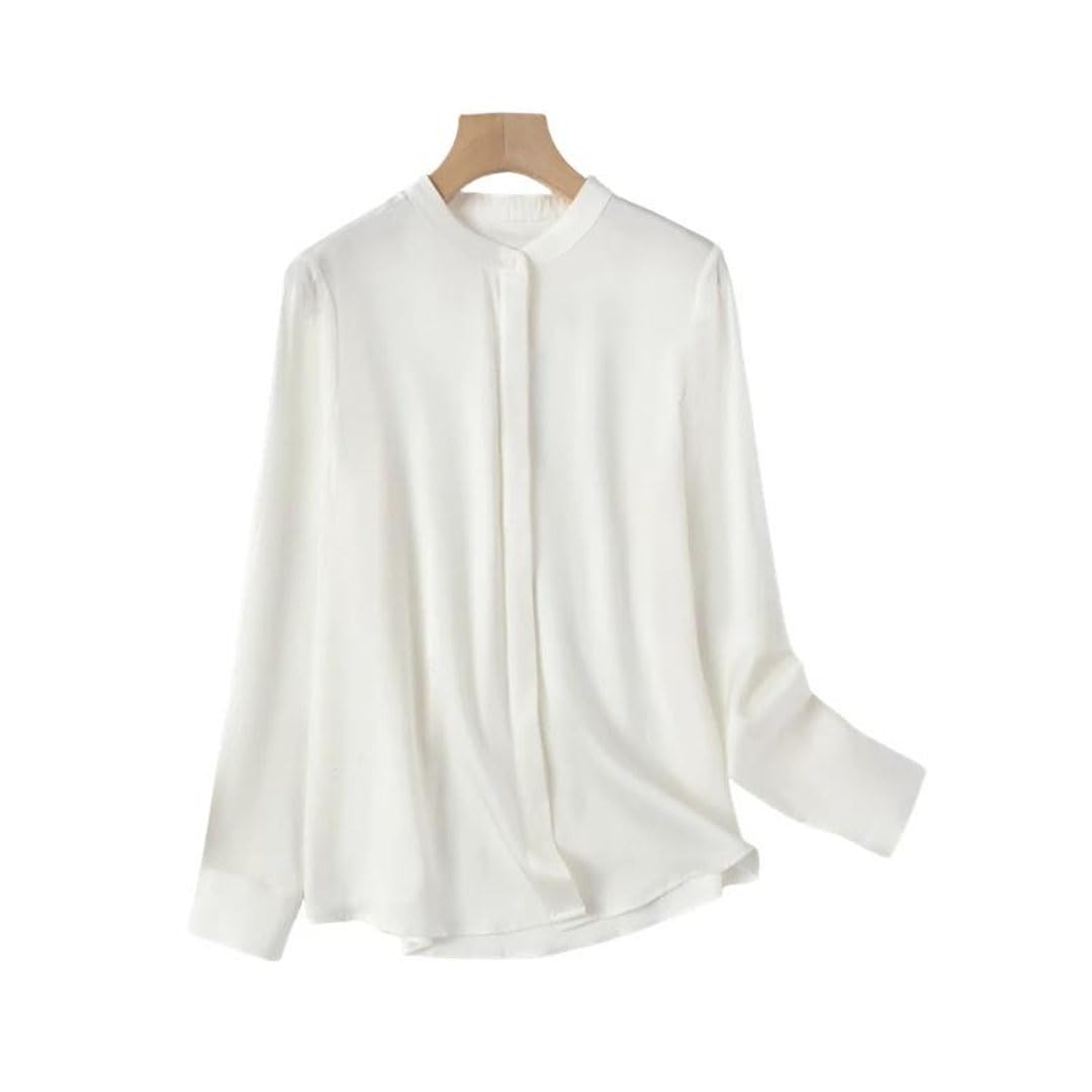 Blusa formal de seda satinada para mujer, manga larga, cuello alto