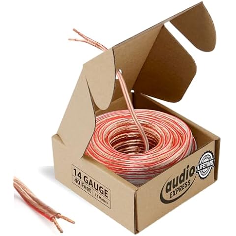 Audio Express 40ft 14-Gauge Stereo Speaker Wire, 12.19m, 2 Conductor, Polarity Marked, Clear PVC, CCA, Coil in Box, Home Theater, HiFi, Surround, Car Audio, 117 High Strand Count (.15 OD) Cover
