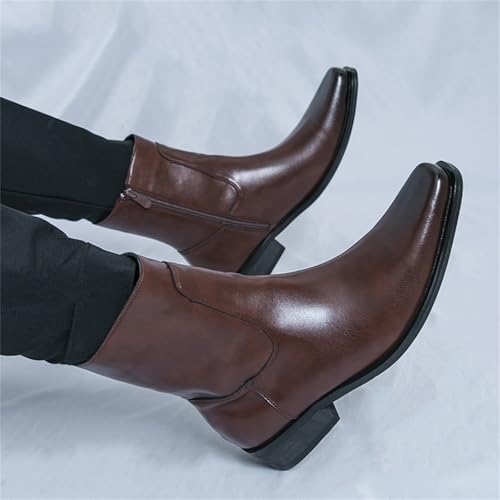 Mens Leather Pull On Low Chunky Heels Square Toe Dress Western Chelsea Boots Casual Ankle Cowboy Boots with Side Zipper & Buckles for Prom Formal Party Working Business 7