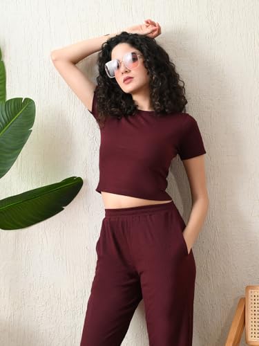 Image of Maroon Ribbed Co-ord Set | Round Neck Crop Top with High Waist Pant