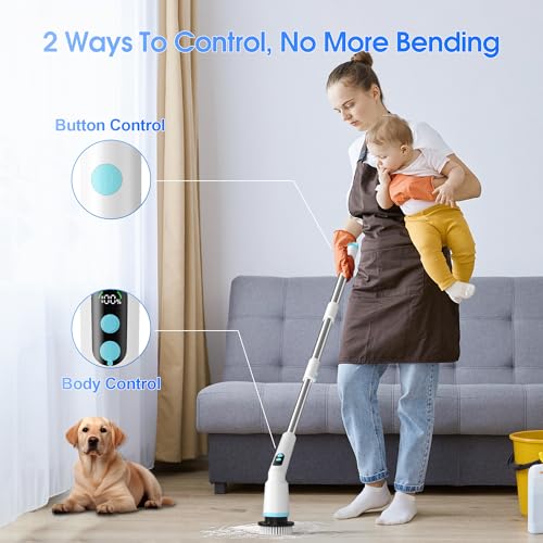 Electric Spin Scrubber Cordless with Remote Button, 8 Brush Heads, IPX7 Waterproof, 3 Speeds, Adjustable Handle (11-51”), Bathroom, Tile, Kitchen, Car & Floor Cleaning Tool (White) - Image 4