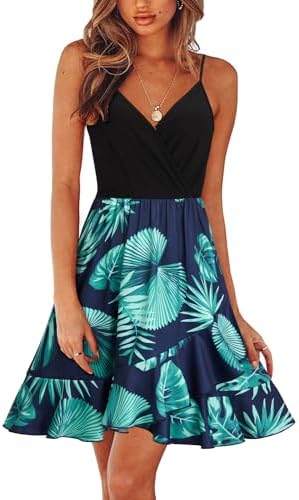 ULTRANICE Womens Summer Floral Wrap V Neck Adjustable Spaghetti Casual Ruffle Dress