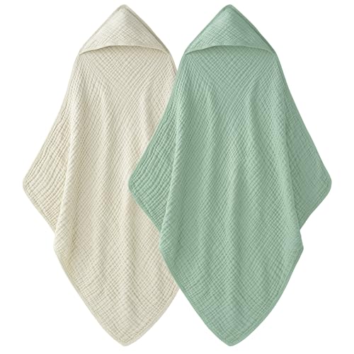 Image of Unnivoll Hooded Baby Towels 100% Muslin Cotton Baby Bath Towels with Hood 2 Pack Baby Towels for Newborn, Infant, Toddler, Kids, Large 32x32Inches, Soft and Absorbent Newborn Essential Apricot Green