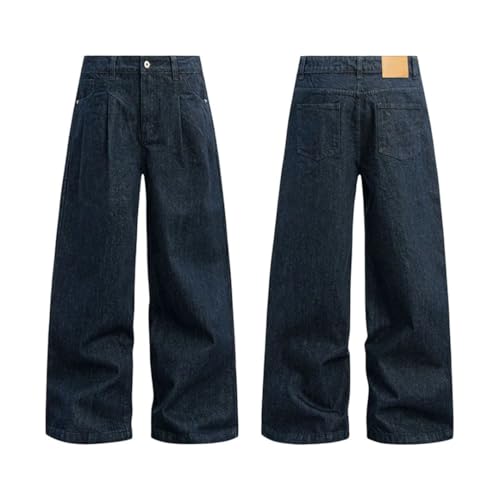 Men's American Style Wide Leg Jeans Loose Floor Silhouette Straight Denim Pants Solid Color Trousers3