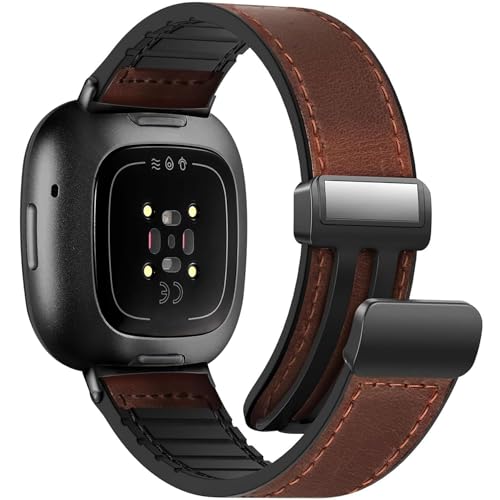 WestEagle Magnetic Leather Bands Compatible with Fitbit Versa 4/Versa 3/Sense 2/Sense Women Men Magnetic Clasp Wristband Accessory Adjustable Soft Replacement Fitbit SmartWatch Strap-Dark Brown