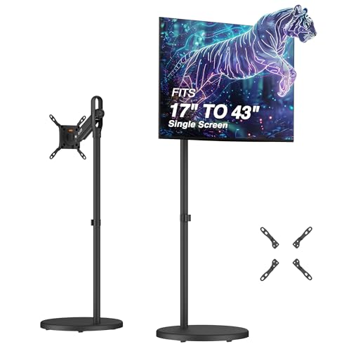 AVLT Single 17 to 43 Inch Portable Monitor Arm TV Rolling Stand with Heavy Base for Screens Up to 22 lbs, Mechanical Spring Height Adjustment, Screen Rotation, Mobile Low Profile Caster Wheel, Black