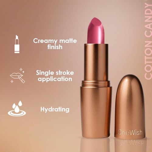 Image of One Wish Creamy Matte Lipstick Long Lasting for Women - Cotton Candy Shade 15 | Full Coverage | Creamy Formula | No Flaky Lips | No Dryness | Vitamin E, Almond Oil & Shea Butter for Moisturising Lip | 8 Hrs Lasting | Smooth Finish | 3.8 gm