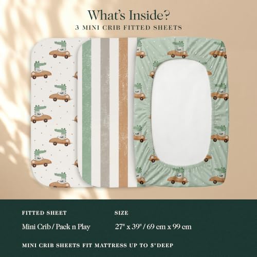 Image of 100% Organic Cotton Mini Crib Sheets (3-Pack) - GOTS Certified, Soft Fitted Sheets for Mini Mattress & Pack n Play, 5 in Deep Pocket with Secure Elastic Fit, Boys & Girls, (27 inch x 39 inch) Croc Race