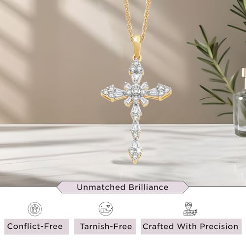 Jewelili 10K White/Yellow Gold Cross Pendant Necklace for Women | 1/2 CTW Natural White Round & Baguette Diamonds | 18" Rope Chain | Dainty & Timeless Fine Jewelry | Birthday Gift for Her2