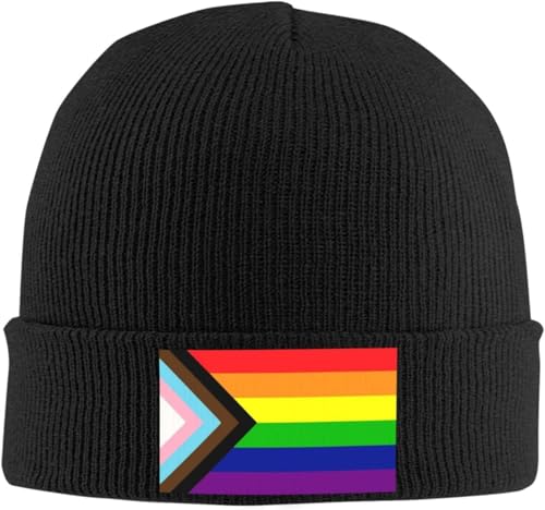 Oudrspo Black Progress Pride Rainbow LGBT,LGBTQ Transgender Gay Flags Beanie Mütze Herren Strickmütze Totenkopfmütze Damen Slouchy Mütze Schwarz
