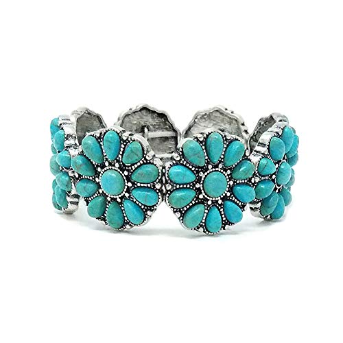 Turquoise Western Flowers Design Stretch Bracelet Navajo3