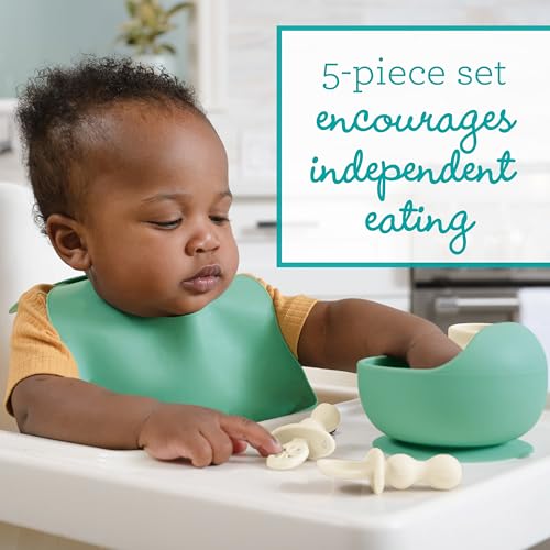 Infantino Baby Led Weaning Kit, 5-Piece Essentials Set - Includes Silicone Bib, Suction Bowl, Training Cup & Spoons, BPA-Free & Top-Rack Dishwasher Safe, Cream & Spearmint3