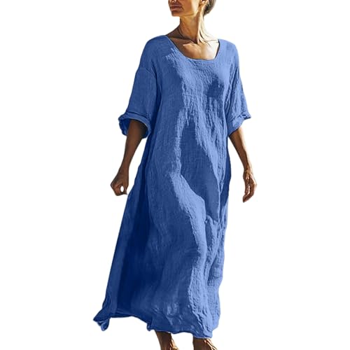 Women's Linen Maxi Dress,Square Neck 3/4 Sleeve Oversized Loose Fit Wrinkled Fabric Casual Summer Beach Vacation Daily Loungewear Dress (Blue, XL)