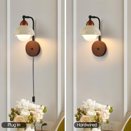 Image of Yellow Travertine Wall Lamp, Wabi-Sabi Lighting Fixture Nordic Modern Marble Wall Sconce,Yellow Natural Stone Bedside Wall Lamps 9W, Wooden Base with Plug in Hardwired 2 in 1 Wall Lights for Bedroom