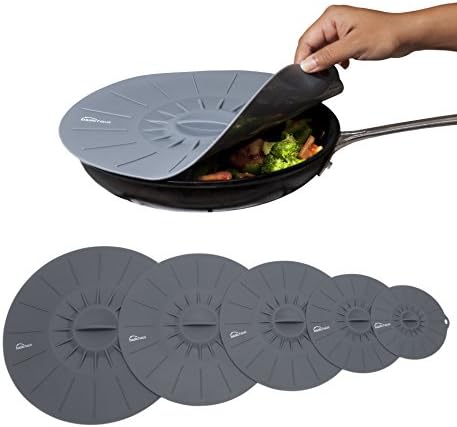 Basic Haus Microwave Cover Silicone Lids - Set of 5: 6, 8, 10, 12 and 14 inches - Suction Covers for Pots, Pans, Bowls, Cups, Skillets - Splatter Protection - Easy Food Storage - BPA Free - Oven Safe