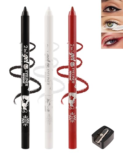 Black+White+Red Eyeliner Pencil Gel, Waterline Eyeliner Waterproof Smudge-Proof Eye Liner Pen, Long Lasting 24H,Safe for Sensitive Eyes, Rich Color Eye Liner with Sharpener, Halloween Eye Makeup-3pcs