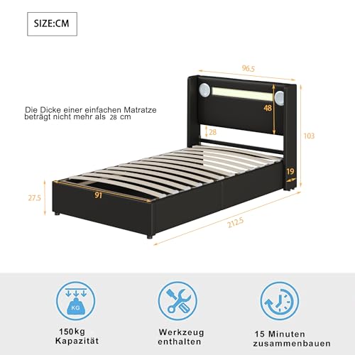 Polsterbett Einzelbett 90x200, Bett mit Stauraum&Lattenrost, LED Kopfteil mit USB-Aufladung&Bluetooth-Player, Hydraulisch Stauraumbett Funktionsbett Jugendbett Bettgestell, PU, Ohne Matratze, Schwarz – Bild 3