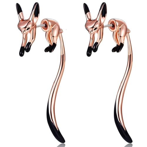 Cute Long Tail Fox Dangle Earrings for Women, 925 Sterling Silver Post Delicate Animal Drop Earrings Studs