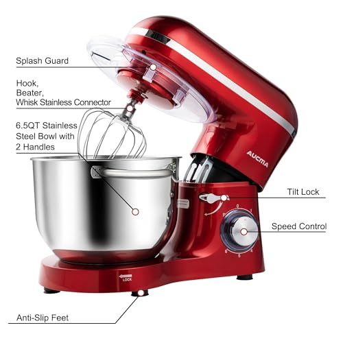 Image of Aucma Stand Mixer,6.5-QT 660W 6-Speed Tilt-Head Food Mixer, Kitchen Electric Mixer with Dough Hook, Wire Whip & Beater (Red, 6.5QT)