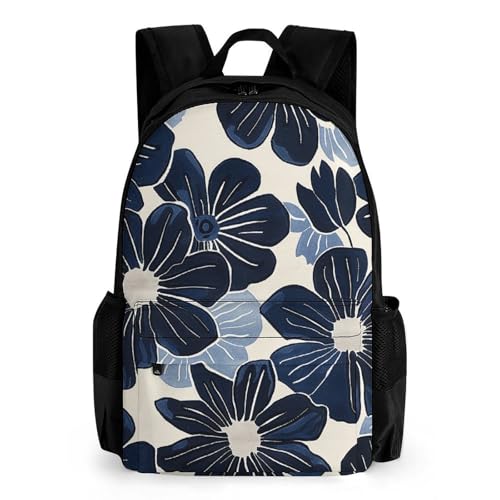 Navy Blue Flowers Casual Backpack 16.1 Inch Laptop Bag Waterproof Travel Daypack With Compartments Unisex Bookbag