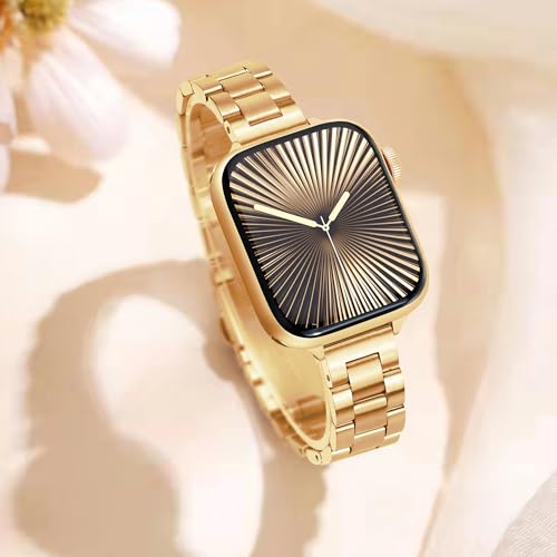 Image of Melyis Slim Metal Band Compatible with Apple Watch Bands for Women 46mm 45mm 44mm 42mm 49mm, Premium Stainless Steel iWatch Bands for Apple Watch Band Series 11 10 9 SE Series 8 7 6 5 4 3 2 1 Ultra, Gold