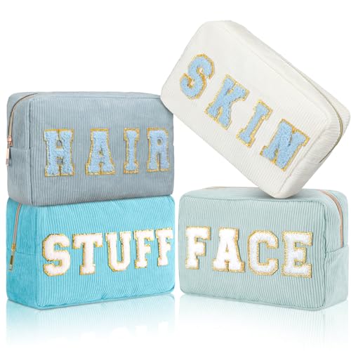 Pinkunn 4 Pcs Preppy Makeup Bags Chenille Letter Travel Organizer Face Skin Hair Stuff Corduroy Cosmetic Hygiene Toiletry Pouch with Zipper Wedding Birthday Gifts for Women(Blue Series Colors)