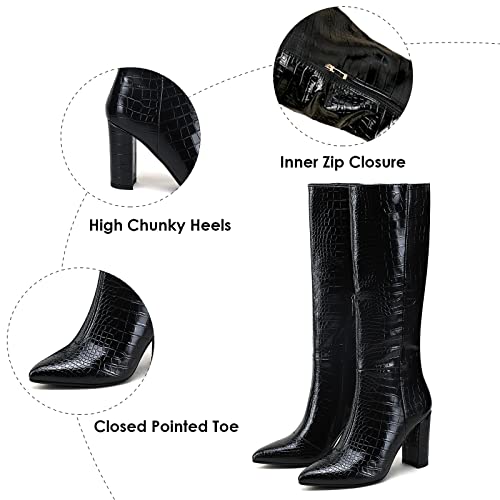 Modatope Black Knee High Boots For Women Chunky Heel Boots Riding Boots Faux Crocodile Boots Thigh High Boots With Zipper Block Heel Boots Size 7 #TOP1