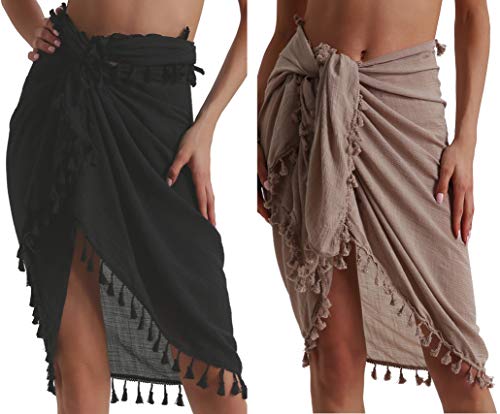 Image of Eicolorte Beach Sarong Pareo Womens Semi-Sheer Swimwear Cover Ups Short Skirt with Tassels
