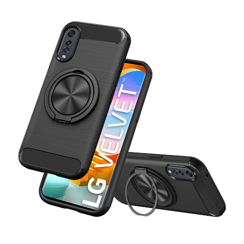 Nijiadi Compatible for LG Velvet 4G/5G Case, 360° Rotatable Ring Holder & Kickstand, Shock Absorbing Flexible TPU Rubber Carbon Fiber Jacket Protective Cover Case for LG Velvet 5G (Black)