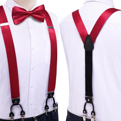 Image of Hi-Tie Men Suspender Bowtie Set Suspenders Pre-tied Bow Tie Pocket Square Cufflinks Adjustable Y Shape 6 Clips Braces Tuxedo