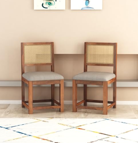 Image of Wooden 2 Chair for Living Room & Dining | Solid Wood Frame with Cane Backrest | Cushioned Seat | Modern Accent Chairs for Home & Office (Set of 2, Honey)