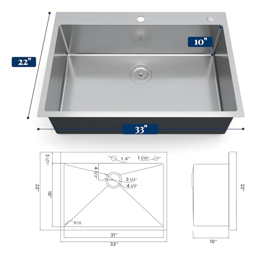 33 x 22 Drop-In Workstation Kitchen Sink – 16 Gauge Stainless Steel Topmount Sink, 10" Deep Single Bowl & 5 Accessories