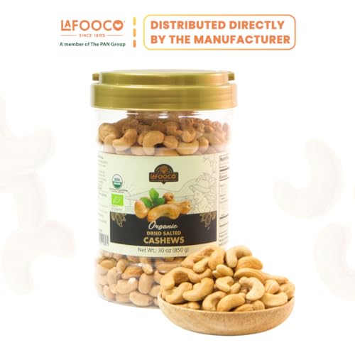 Image of LAFOOCO Organic Salted Cashews 30 oz, USDA Certified Dry Roasted Nuts | USDA & EU Organic whole cashews with sea salt, oil-free. Plant-based vegan protein snack from Vietnam. Resealable jar.
