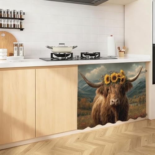 Image of Self Adhesive Highland Cow Sunflower Cabinet Curtain for Mother's Day, 39x28 Inch Rustic Farmhouse Under Sink Skirt No Drill, Spring Cleaning Kitchen Decor, Hook and Loop Valance